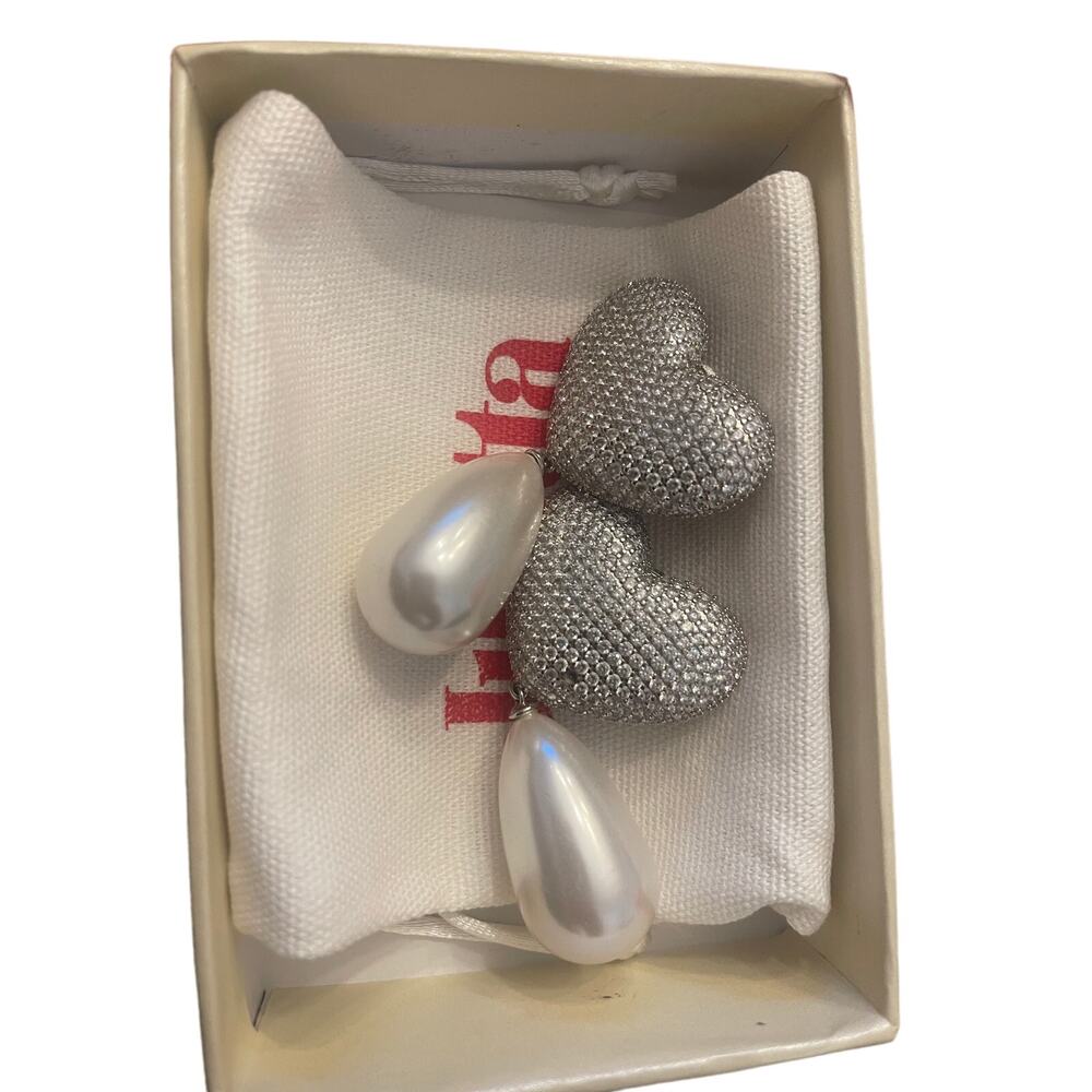 Julietta Frances Pearl Crystal Heart Clip Earrings Dangle Drop Metallic Silver - Picture 6 of 6